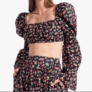 Staud Elena Mushroom Print Crop Top Garden Girl Cottagecore Black Long Sleeve XS